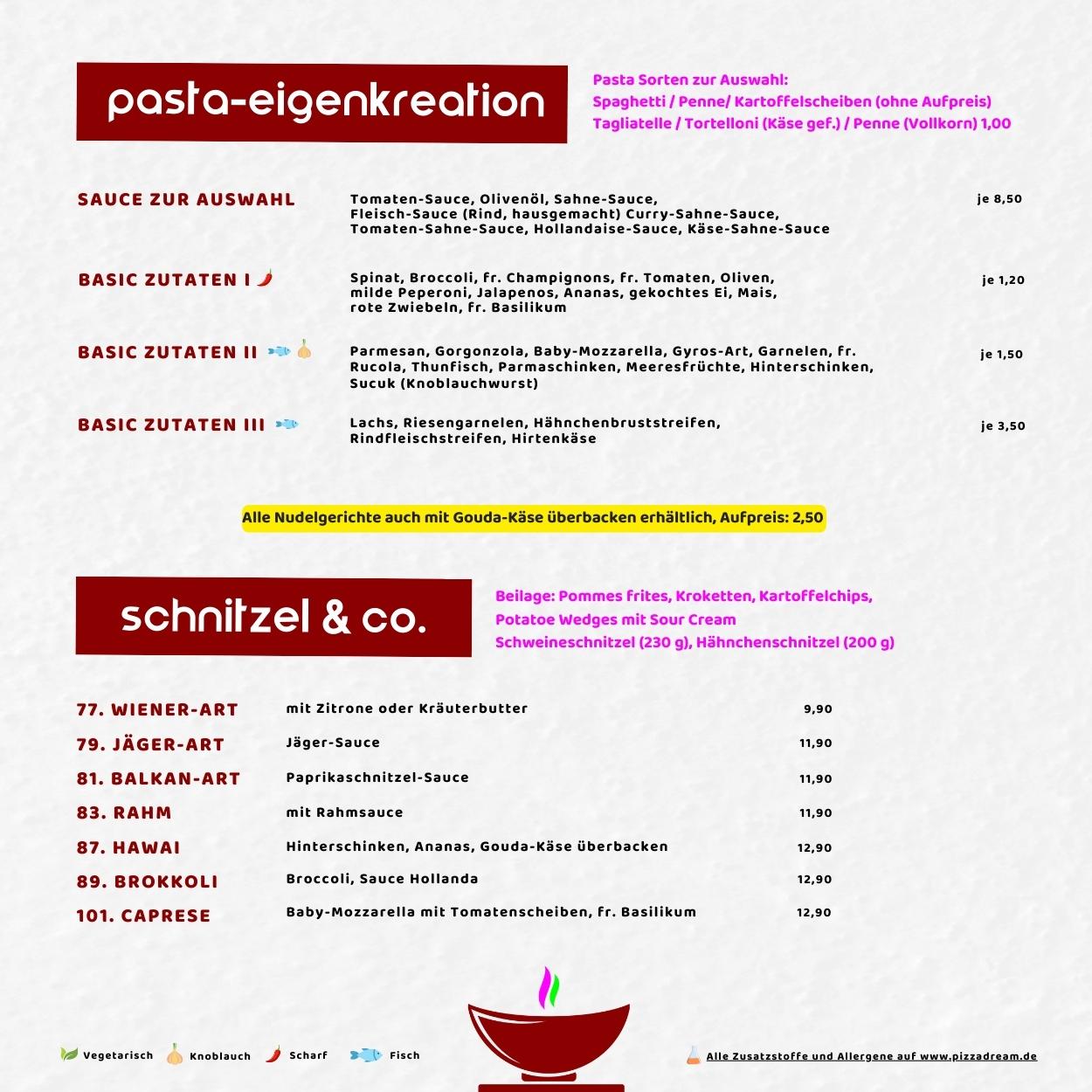 Pizzadream Speisekarte 2023