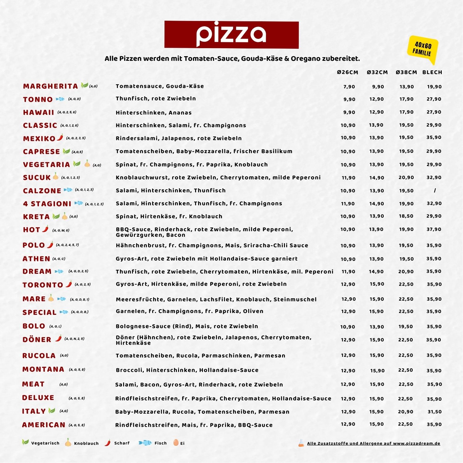 Pizza Dream Speisekarte Seite 1 Pizza Kray