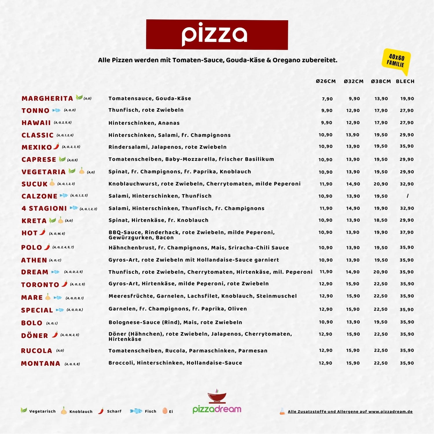 Speisekarte Pizza Dream Pizza