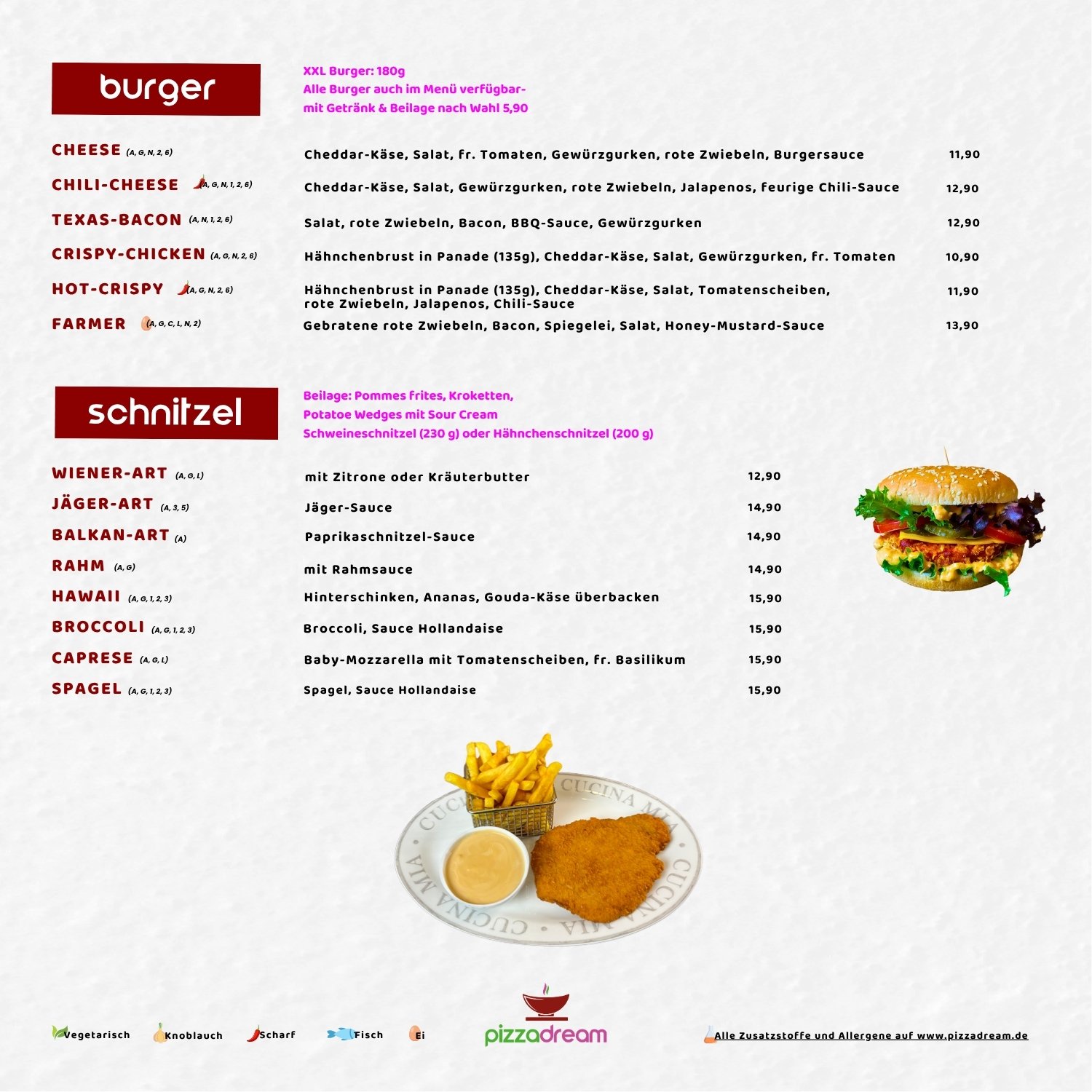 Speisekarte Essen Kray Burger und Schnitzel
