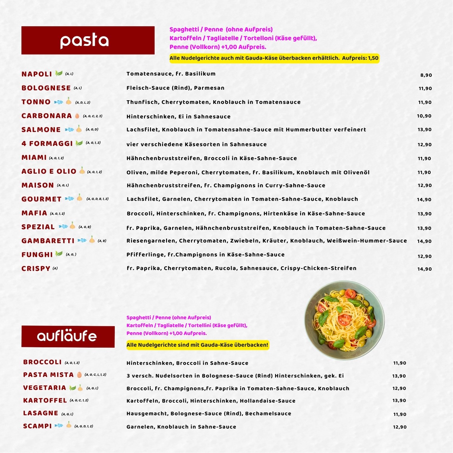Pizza Dream Speisekarte Pasta