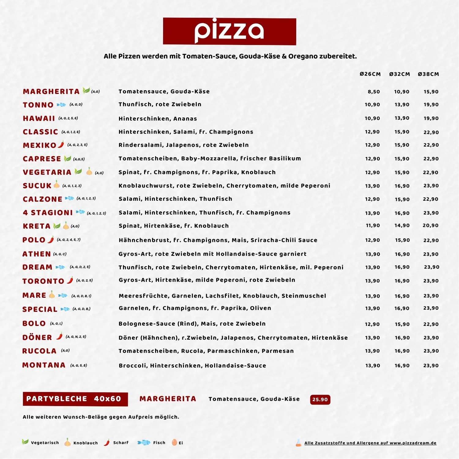 Pizza Dream Speisekarte Seite 1 Pizza