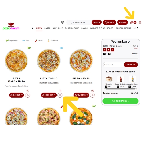 Pizza Dream Webshop – Produktseite mit Pizza und Anzeige der gesammelten Dream-Coins Bonuspunkte